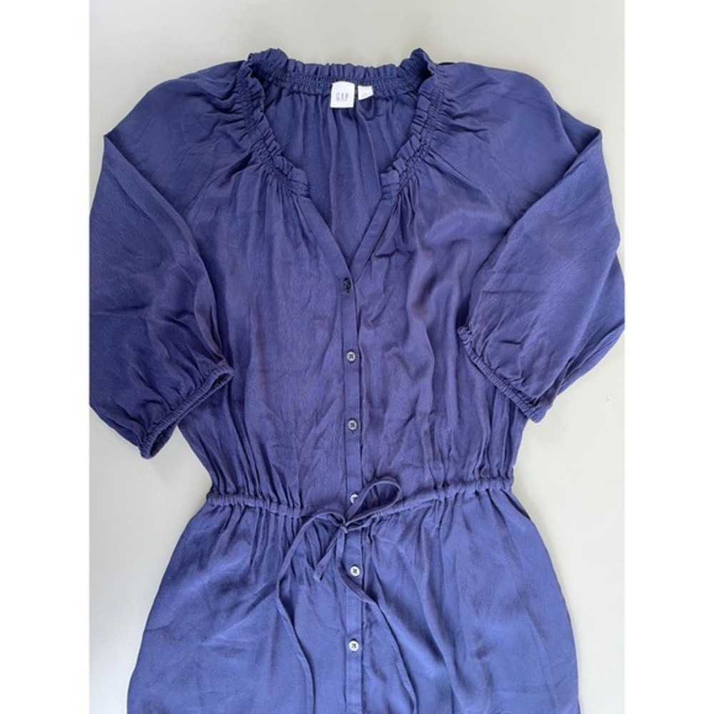 Gap Navy Blue Button Maxi Dress XS Drawstring Waist Pockets V-Neck